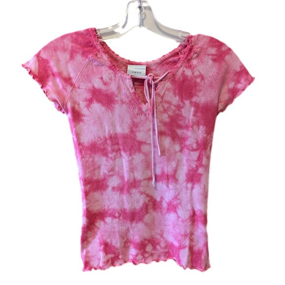 Vintage Y2K Knit Pink Tie Dye T Shirt Lettuce Hem Boho Beach Cute Pastel Sz S - Picture 10 of 12